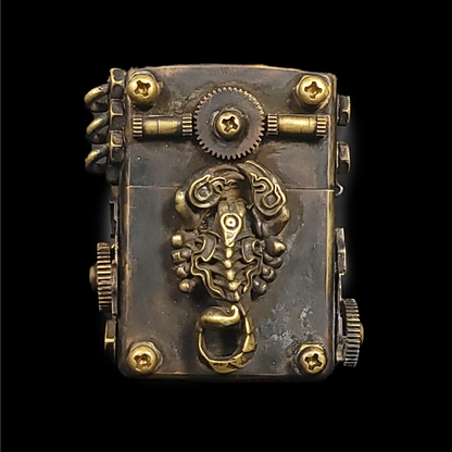 Steampunk-knight-scorpion-lighter-case-brass-gears-industrial-gothic-twotoys